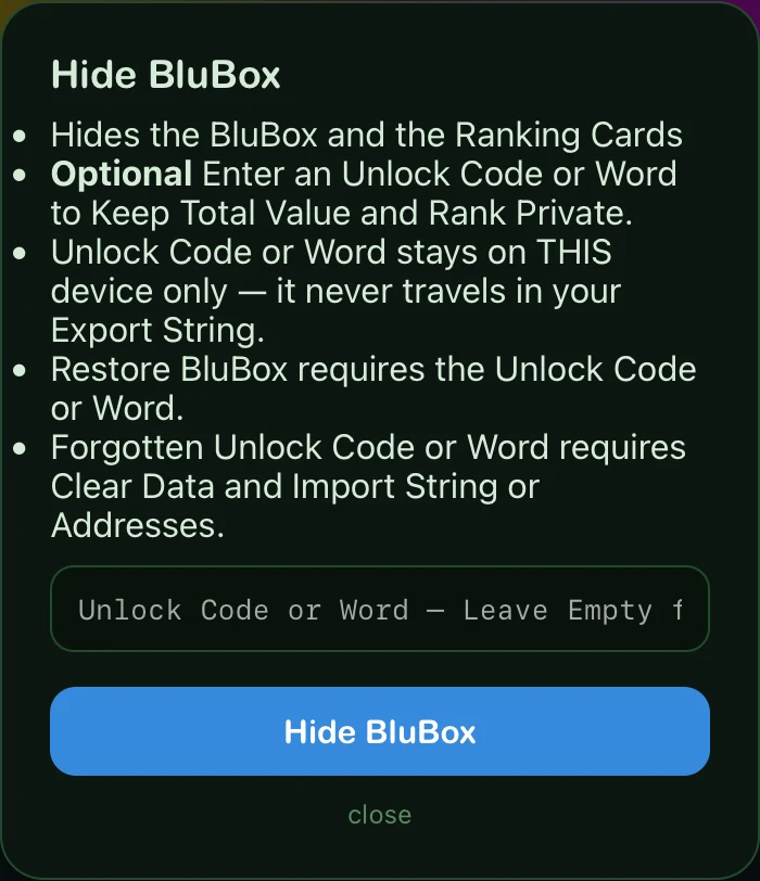 The Hide BluBox sheet: hides the cards; an optional Unlock Code or Word secures the hidden state