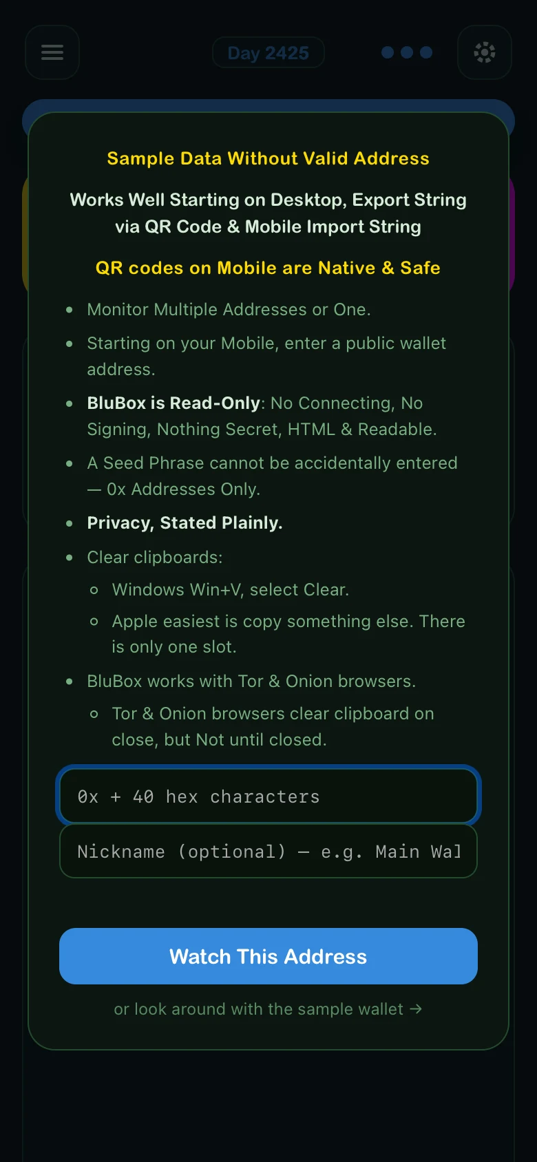 BluBox's address entry: paste a public 0x address, or look around with the sample wallet