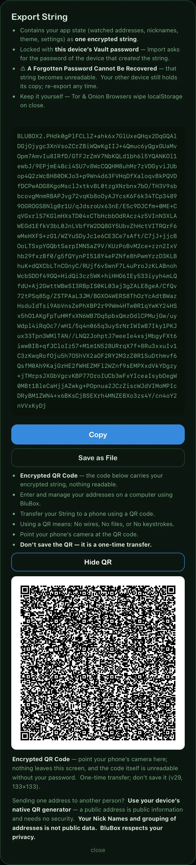 The Export String with its QR courier: the phone's camera reads BluBox's state off the computer screen