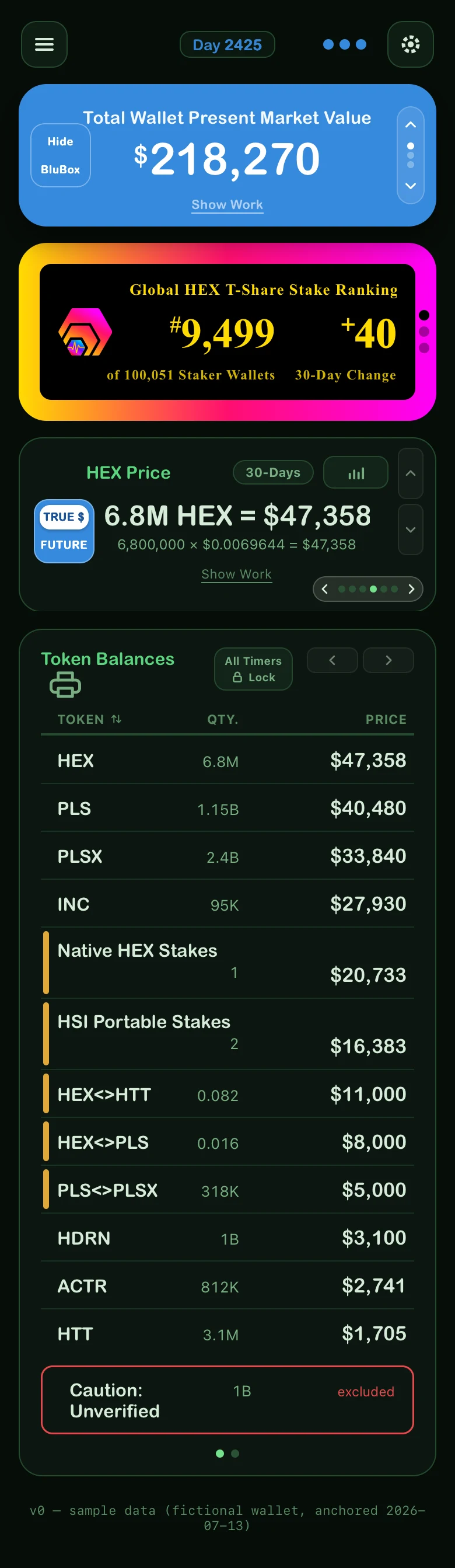 The three cards: the BluBox total, the Hex Fade ranking, and the Value box with the token list below