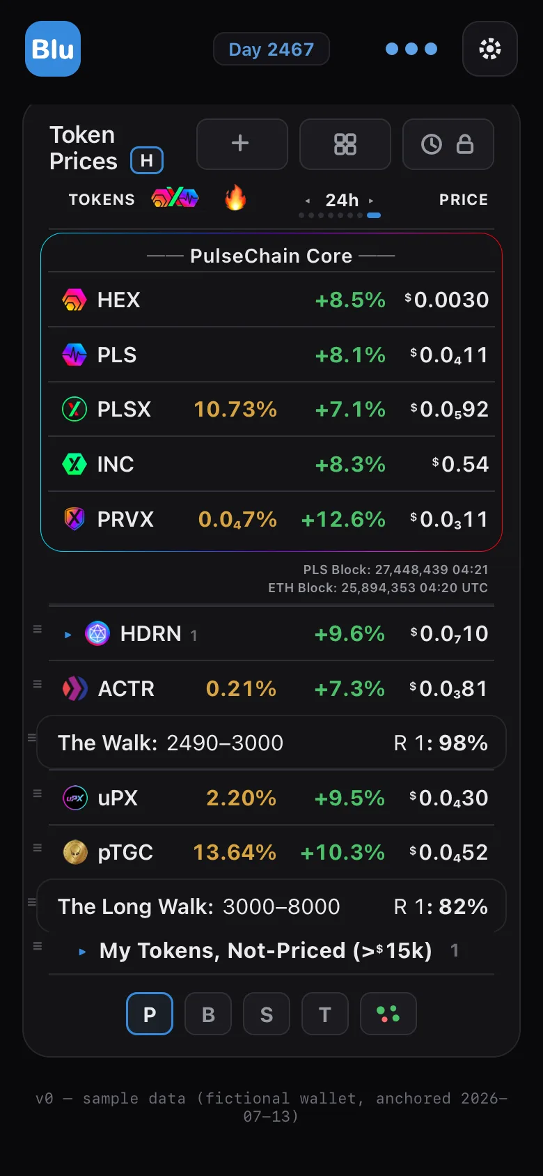 The opening view: the Token Prices board standing alone — the PulseChain Core board with its amber BURNT figures