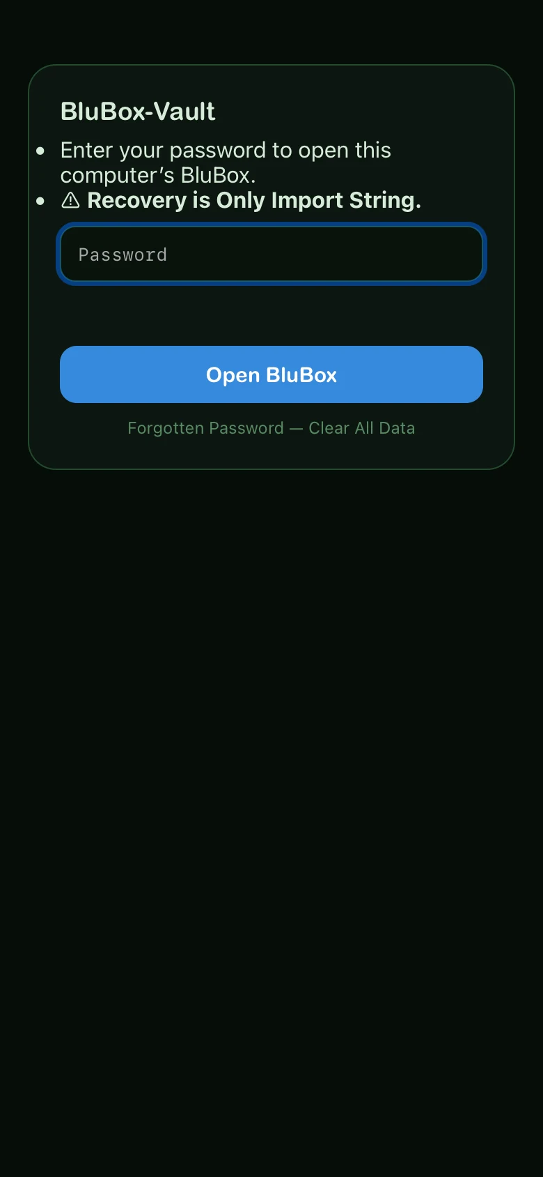 The BluBox-Vault gate: a locked BluBox asks for the password before anything shows