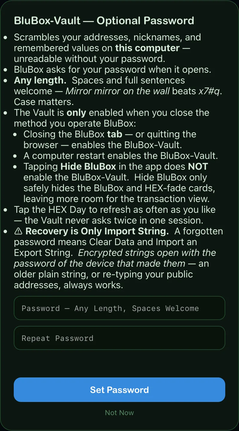 The BluBox-Vault offer: an optional password scrambles the device's data; Recovery is Only Import String